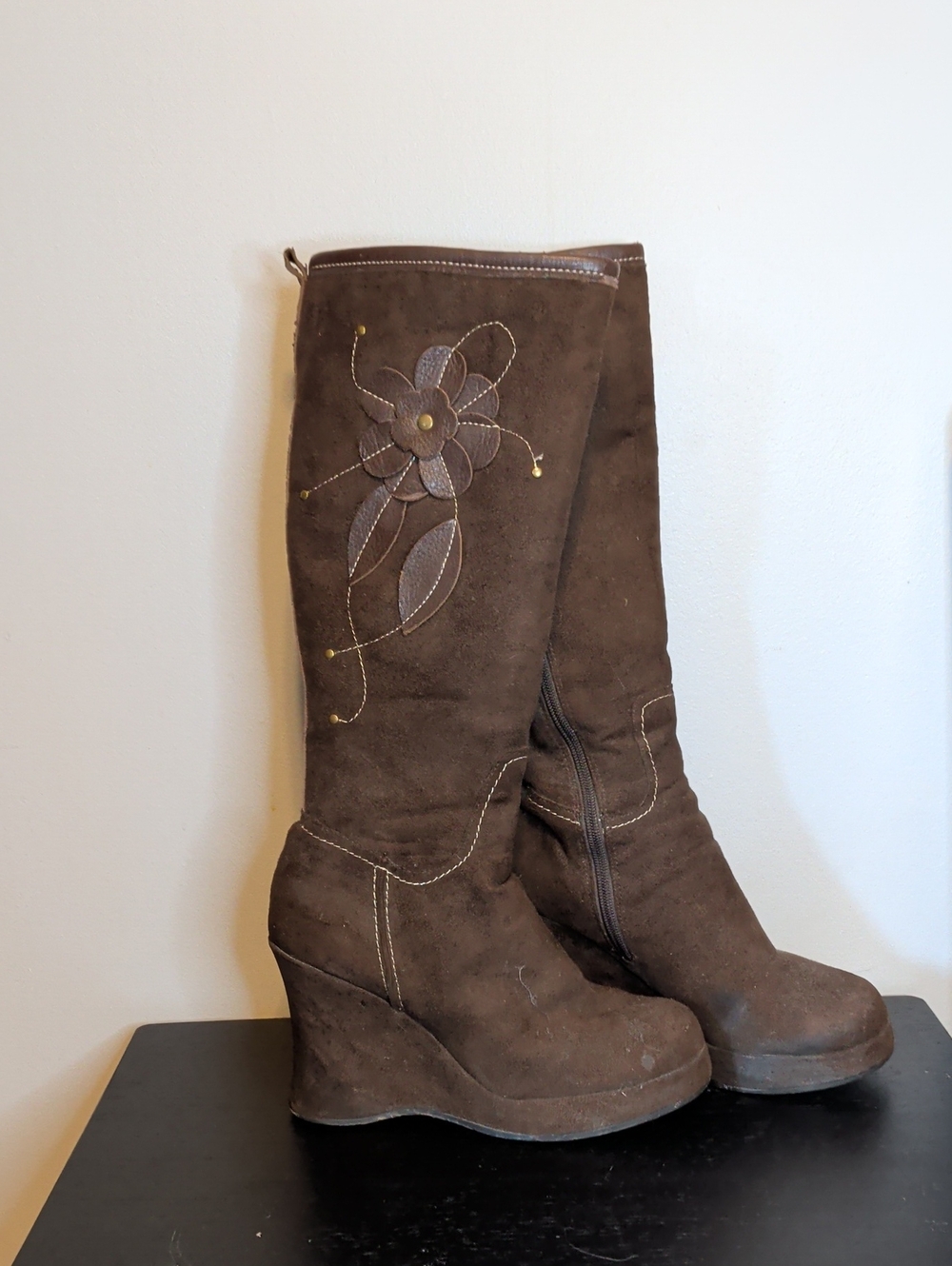 Vintage 90s Brown Faux Suede Wedge Knee-high Boots with Floral Faux Leather